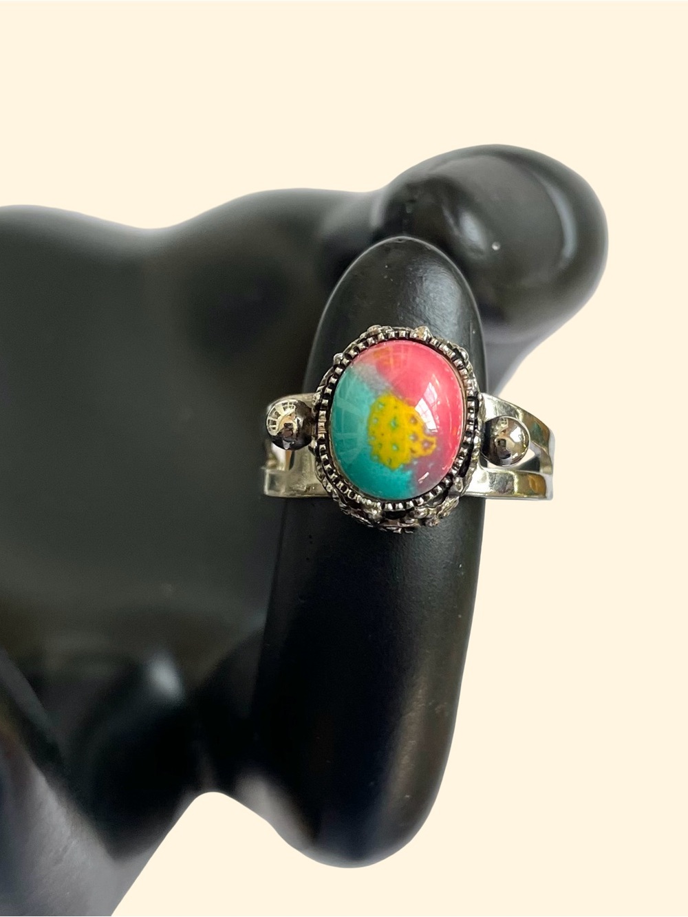 Vintage 1970s Colorful Art Glass And Silver Tone Adjustable Ring